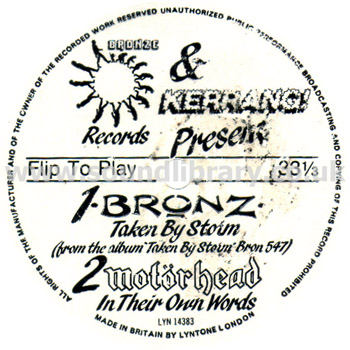 Motorhead In Their Own Words Bronz Taken By Storm UK Flexi Disc Lyntone LYN 14383 Label Image