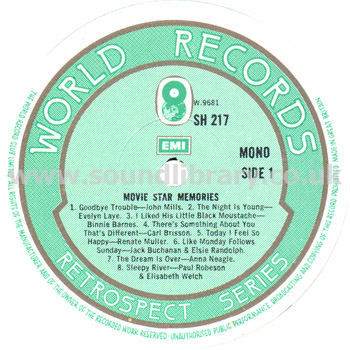 Movie Star Memories UK Issue Mono LP World Records SH 217 Label Image