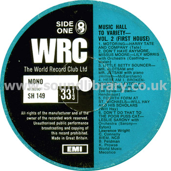 Music Hall To Variety Vol. 2 UK Issue 13 Track Mono LP World Record Club SH 149 Label Image