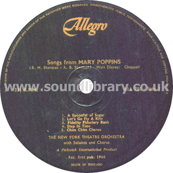 New York Theatre Orchestra Songs From Mary Poppins UK Issue LP Allegro ALL 781 Label Image
