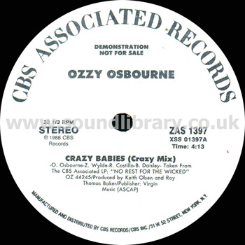Ozzy Osbourne Crazy Babies USA Issue Demonstration Record 12" CBS ZAS 1397 Label Image