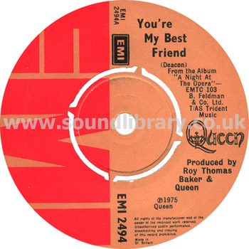 Queen You're My Best Friend UK Issue 7" EMI EMI 2494 Label Image Side 1