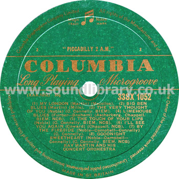 Ray Martin And His Concert Orchestra Piccadilly 2 a.m. UK Issue LP Columbia 33SX 1052 Label Image