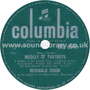 Reginald Dixon Medley Of Foxtrots UK Issue 10" 78 RPM Columbia DB. 3946 Label Image