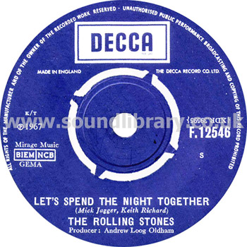 The Rolling Stones Let's Spend The Night Together, Ruby Tuesday UK 7" Decca F.12546 Label Image