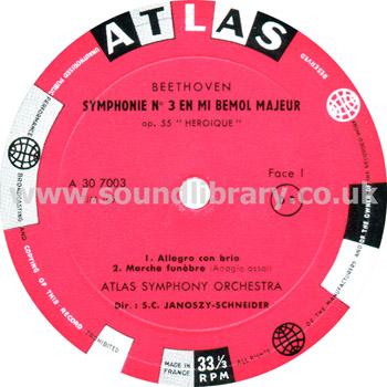 S.C. Janoszy-Schneider Beethoven Symphonie No. 3 France Issue LP Atlas A 30 7003 Label Image