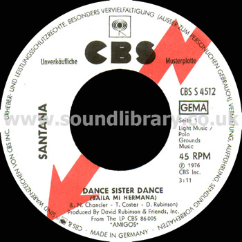 Santana Dance Sister Dance Germany Issue 7" CBS CBSS4512 Label Image