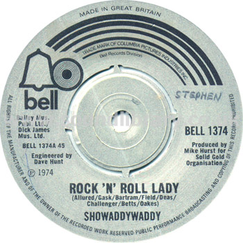 Showaddywaddy Rock 'n' Roll Lady UK Issue Spindle Centre 7" Bell BELL1374 Label Image Side 1