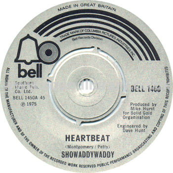Showaddywaddy Heartbeat UK Issue Spindle Centre 7" Bell BELL 1450 Label Image Side 1