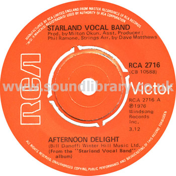 Starland Vocal Band Afternoon Delight UK Issue Spindle Centre 7" RCA Victor RCA 2716 Label Image