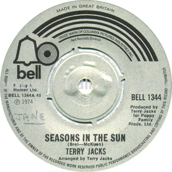 Terry Jacks Seasons In The Sun UK Issue Spindle Centre 7" Label Image Side 1