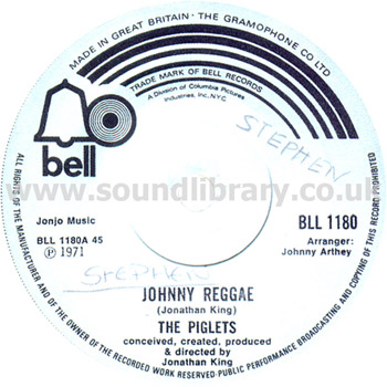 The Piglets Johnny Reggae UK Issue 7" Bell BLL 1180 Label Image Side 1