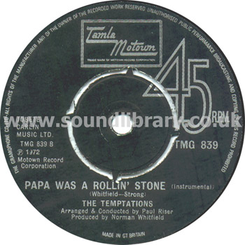 The Temptations Papa Was A Rollin' Stone UK Issue 7" Tamla Motown TMG839 Label Image