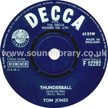 Tom Jones Thunderball UK Issue Spindle Centre 7" Decca F 12292 Label Image Side 1