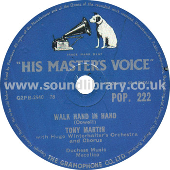 Tony Martin Walk Hand In Hand UK Issue 78 - 10" HMV POP. 222 Label Image