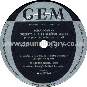 V.G. Duratt Tchaikovsky Concerto No. 1 En Si Bemol Mineur France Issue LP GEM GEM 170 Label Image