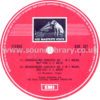 Yehudi Menuhin J.S. Bach - The Brandenburg Concertos UK Issue Stereo LP HMV ASD 327 Label Image