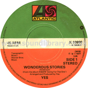 Yes Wonderous Stories UK Issue Stereo 7" Atlantic K 10999 Label Image